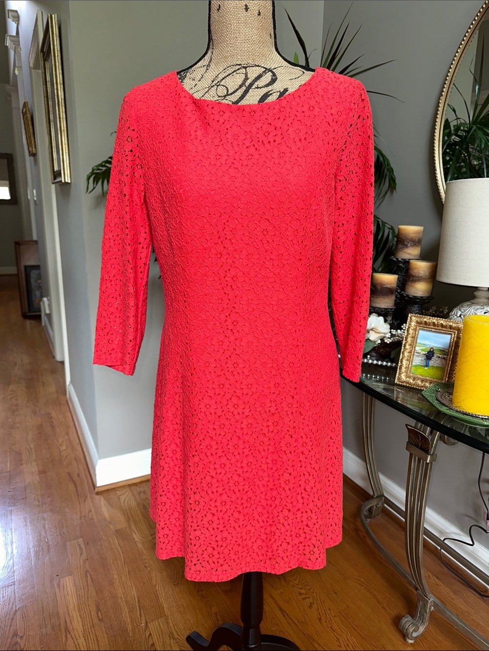 Gianni Bini Coral Lace Midi Dress with Three-Quarter Sleeves EUC size 8